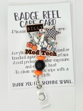 Hand Crafted Silly Med Tech Badge Reel with Orange and Black